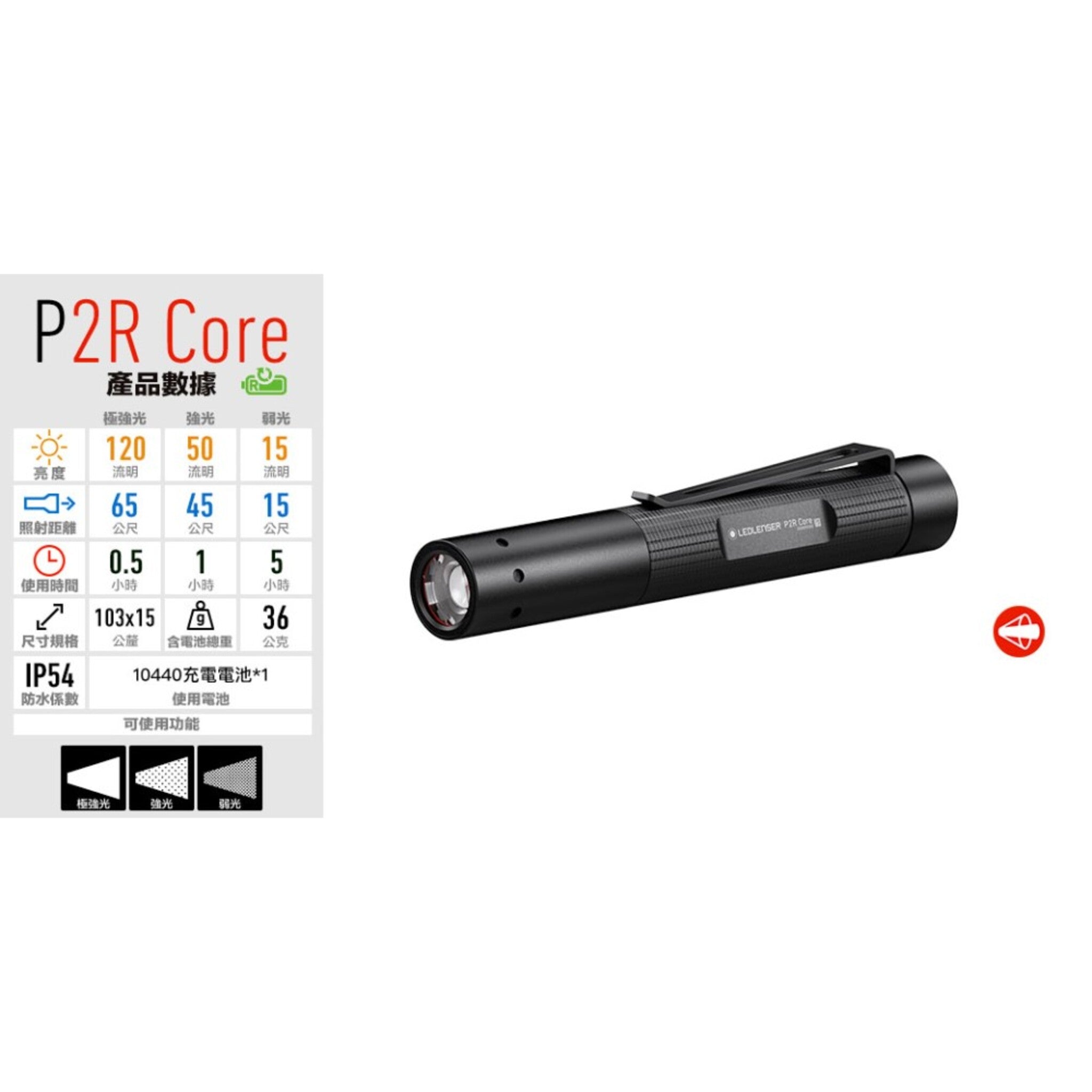 LED LENSER 德國 P2R Core充電式伸縮調焦手電筒 502176