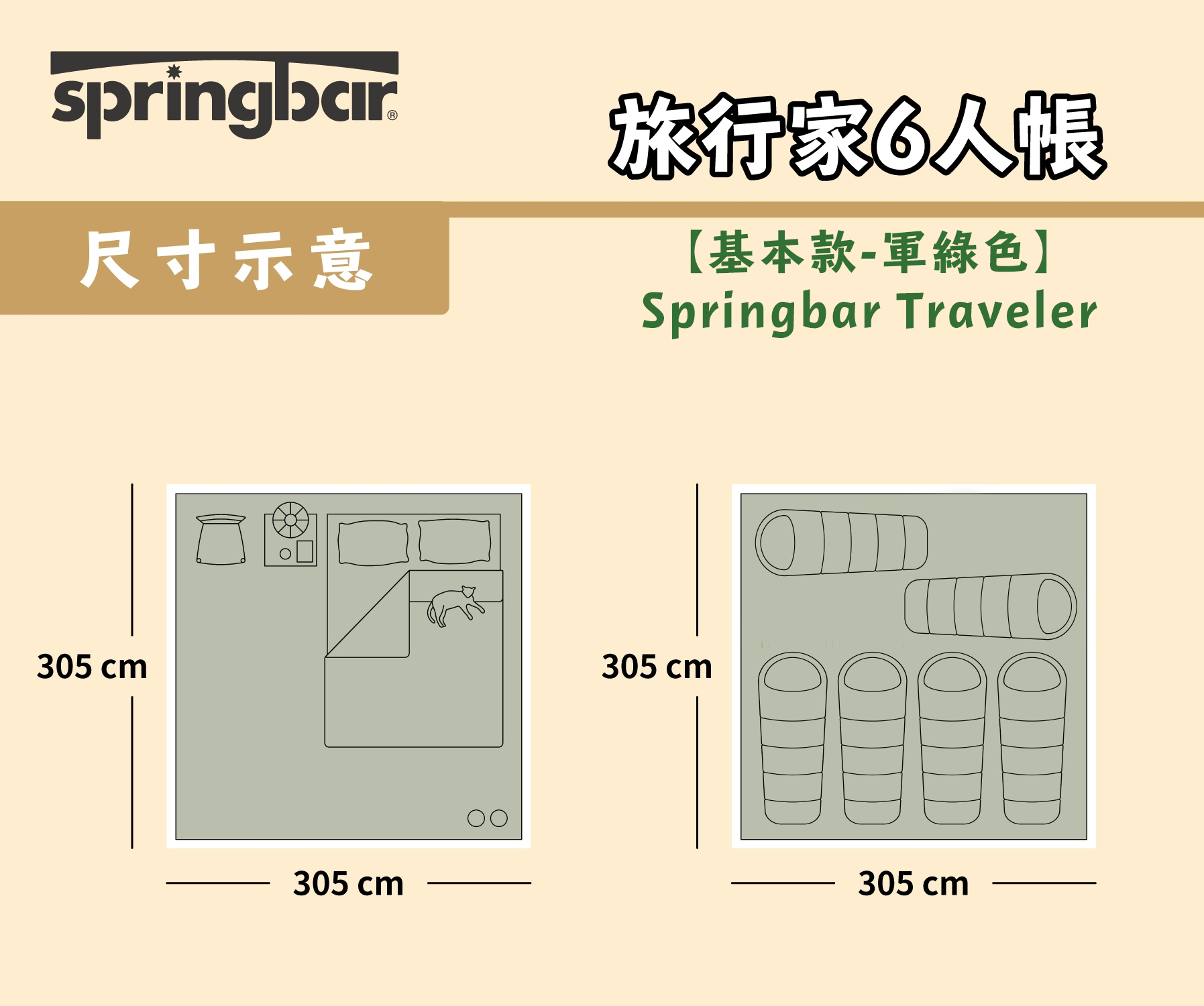 【 Springbar 春帳】旅行家六人帳 Springbar Traveler 軍綠色